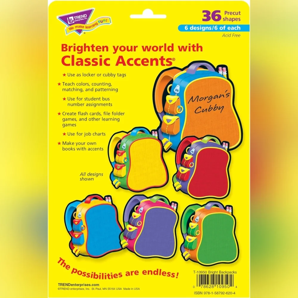 TREND enterprises, Inc. Bright Backpacks Classic Accents Variety Pack, 36 ct.